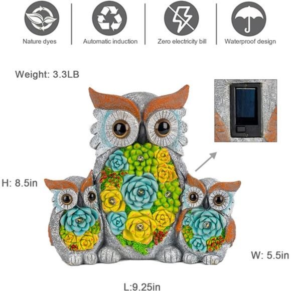 Owl Garden Outdoor Statue, Solar Figurine LED Lights, Succulent Plants - Picture 2 of 5
